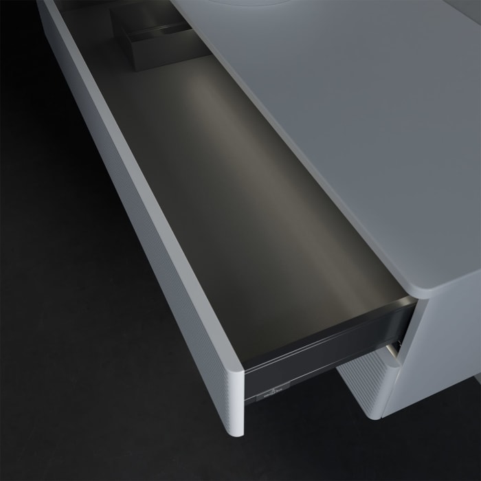 Villeroy & Boch Antao Waschbeckenunterschrank, 120 x 36 cm, 2 Auszüge mit LED-Licht, Front mit Struktur, ohne Hahnloch, für Waschtisch links