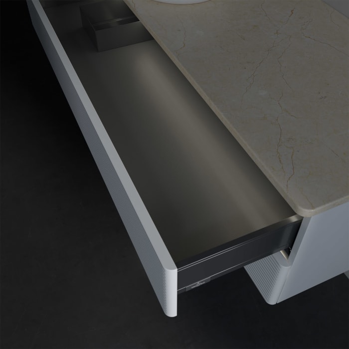 Villeroy & Boch Antao Waschbeckenunterschrank, 120 x 36 cm, 2 Auszüge mit LED-Licht, Front mit Struktur, ohne Hahnloch, für Waschtisch links