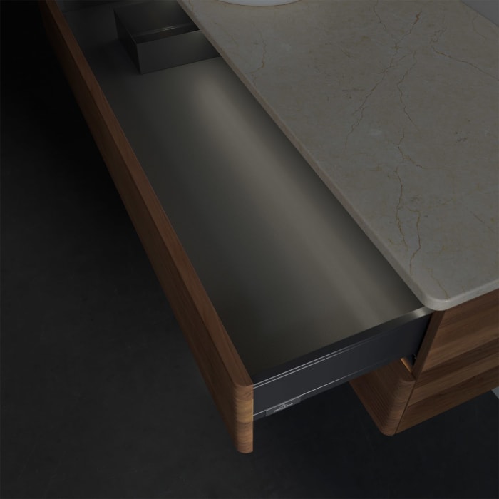 Villeroy & Boch Antao Waschbeckenunterschrank, 120 x 36 cm, 2 Auszüge mit LED-Licht, Front mit Struktur, ohne Hahnloch, für Waschtisch links