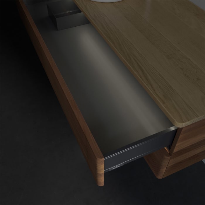 Villeroy & Boch Antao Waschbeckenunterschrank, 120 x 36 cm, 2 Auszüge mit LED-Licht, Front mit Struktur, mit Hahnloch, für Waschtisch links