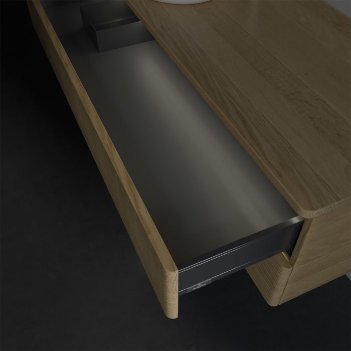 Villeroy & Boch Antao Waschbeckenunterschrank, 120 x 36 cm, 2 Auszüge mit LED-Licht, Front mit Struktur, mit Hahnloch, für Waschtisch links