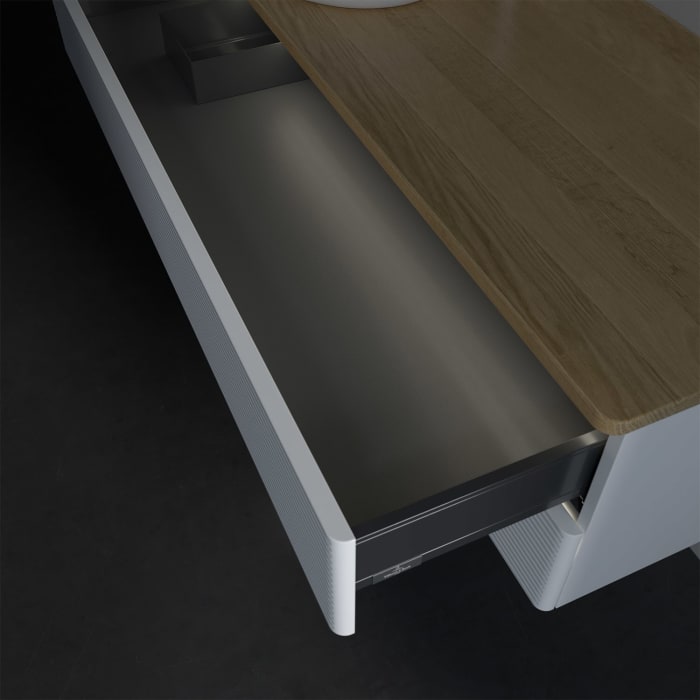 Villeroy & Boch Antao Waschbeckenunterschrank, 120 x 36 cm, 2 Auszüge mit LED-Licht, Front mit Struktur, mit Hahnloch, für Waschtisch links