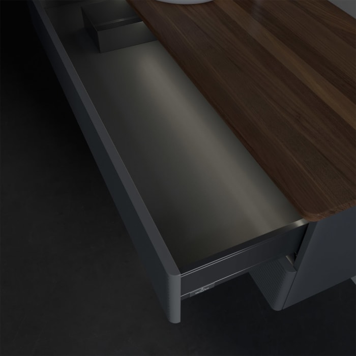 Villeroy & Boch Antao Waschbeckenunterschrank, 120 x 36 cm, 2 Auszüge mit LED-Licht, Front mit Struktur, mit Hahnloch, für Waschtisch links