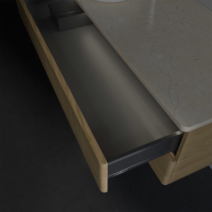 Villeroy & Boch Antao Waschbeckenunterschrank, 120 x 36 cm, 2 Auszüge mit LED-Licht, Front mit Struktur, mit Hahnloch, für Waschtisch links