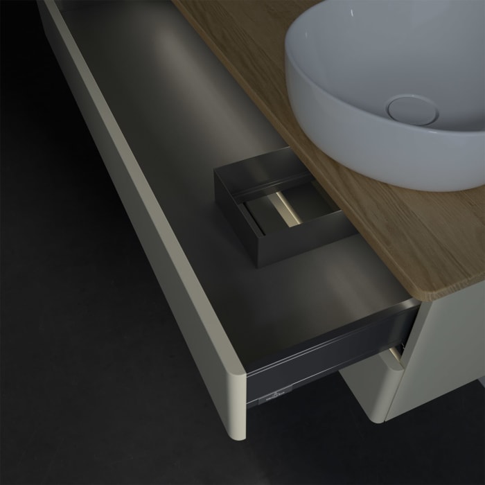 Villeroy & Boch Antao Waschbeckenunterschrank, 120 x 36 cm, 2 Auszüge mit LED-Licht, Front ohne Struktur, ohne Hahnloch, für Waschtisch rechts