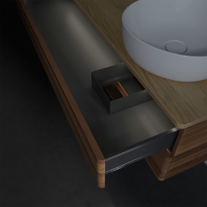 Villeroy & Boch Antao Waschbeckenunterschrank, 120 x 36 cm, 2 Auszüge mit LED-Licht, Front ohne Struktur, mit Hahnloch, für Waschtisch rechts