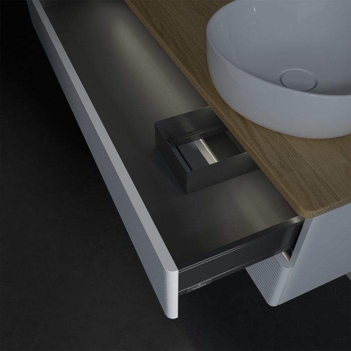 Villeroy & Boch Antao Waschbeckenunterschrank, 120 x 36 cm, 2 Auszüge mit LED-Licht, Front mit Struktur, ohne Hahnloch, für Waschtisch rechts