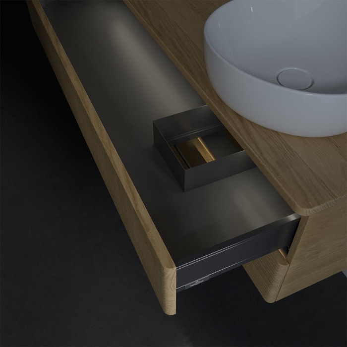 Villeroy & Boch Antao Waschbeckenunterschrank, 120 x 36 cm, 2 Auszüge mit LED-Licht, Front mit Struktur, ohne Hahnloch, für Waschtisch rechts