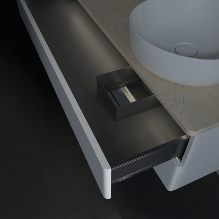 Villeroy & Boch Antao Waschbeckenunterschrank, 120 x 36 cm, 2 Auszüge mit LED-Licht, Front mit Struktur, ohne Hahnloch, für Waschtisch rechts