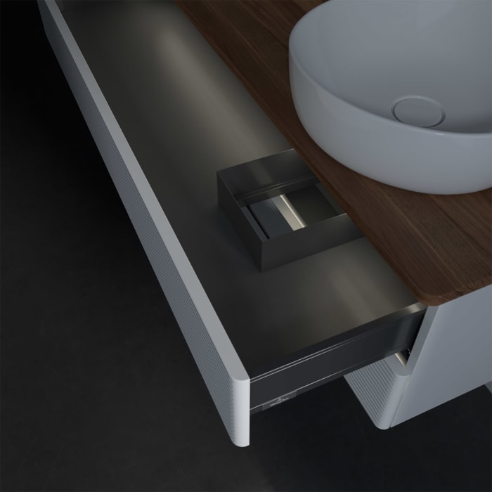 Villeroy & Boch Antao Waschbeckenunterschrank, 120 x 36 cm, 2 Auszüge mit LED-Licht, Front mit Struktur, mit Hahnloch, für Waschtisch rechts