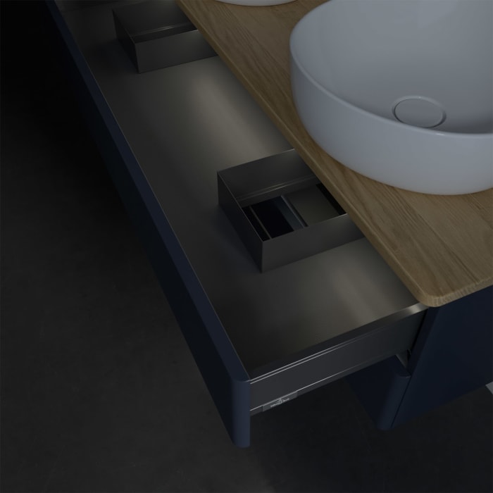 Villeroy & Boch Antao Waschbeckenunterschrank, 120 x 36 cm, 2 Auszüge mit LED-Licht, Front ohne Struktur, mit Hahnloch, für Waschtisch links und recht