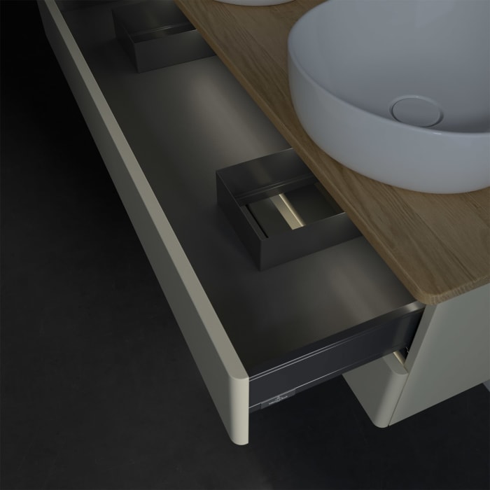 Villeroy & Boch Antao Waschbeckenunterschrank, 120 x 36 cm, 2 Auszüge mit LED-Licht, Front ohne Struktur, mit Hahnloch, für Waschtisch links und recht