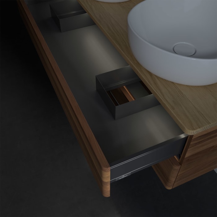 Villeroy & Boch Antao Waschbeckenunterschrank, 120 x 36 cm, 2 Auszüge mit LED-Licht, Front ohne Struktur, mit Hahnloch, für Waschtisch links und recht