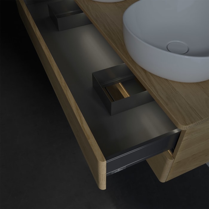 Villeroy & Boch Antao Waschbeckenunterschrank, 120 x 36 cm, 2 Auszüge mit LED-Licht, Front ohne Struktur, mit Hahnloch, für Waschtisch links und recht