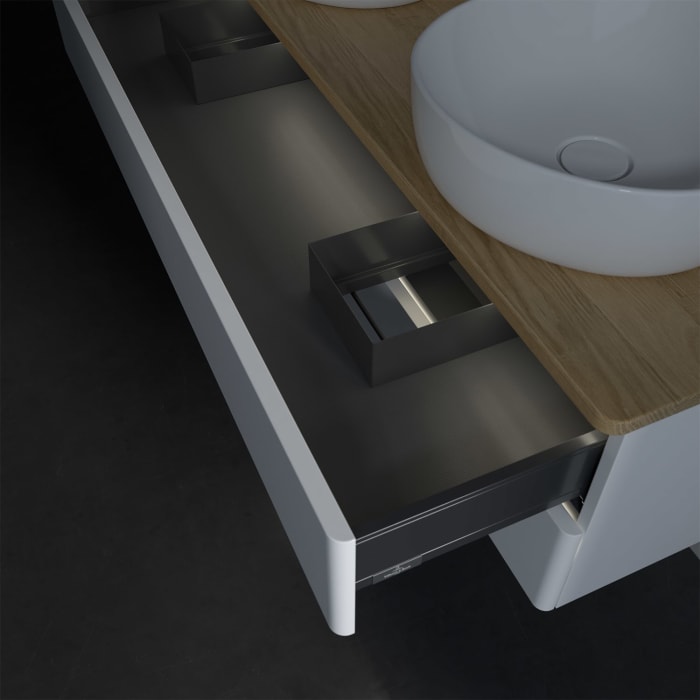 Villeroy & Boch Antao Waschbeckenunterschrank, 120 x 36 cm, 2 Auszüge mit LED-Licht, Front ohne Struktur, mit Hahnloch, für Waschtisch links und recht