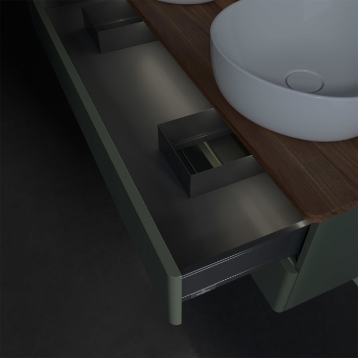 Villeroy & Boch Antao Waschbeckenunterschrank, 120 x 36 cm, 2 Auszüge mit LED-Licht, Front ohne Struktur, mit Hahnloch, für Waschtisch links und recht