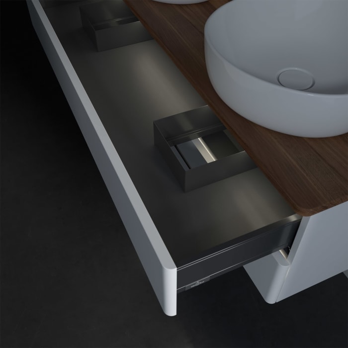 Villeroy & Boch Antao Waschbeckenunterschrank, 120 x 36 cm, 2 Auszüge mit LED-Licht, Front ohne Struktur, mit Hahnloch, für Waschtisch links und recht