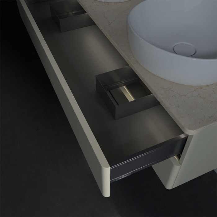 Villeroy & Boch Antao Waschbeckenunterschrank, 120 x 36 cm, 2 Auszüge mit LED-Licht, Front ohne Struktur, mit Hahnloch, für Waschtisch links und recht