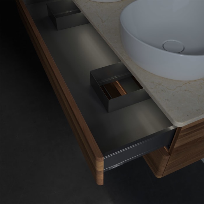 Villeroy & Boch Antao Waschbeckenunterschrank, 120 x 36 cm, 2 Auszüge mit LED-Licht, Front ohne Struktur, mit Hahnloch, für Waschtisch links und recht