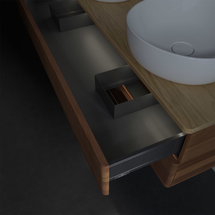 Villeroy & Boch Antao Waschbeckenunterschrank, 120 x 36 cm, 2 Auszüge mit LED-Licht, Front mit Struktur, mit Hahnloch, für Waschtisch links und rechts