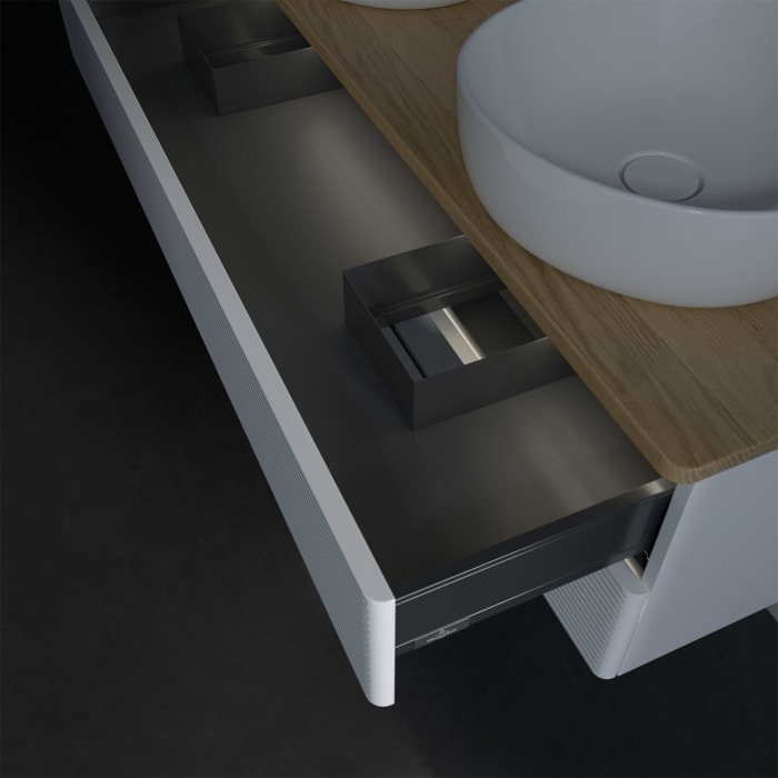 Villeroy & Boch Antao Waschbeckenunterschrank, 120 x 36 cm, 2 Auszüge mit LED-Licht, Front mit Struktur, mit Hahnloch, für Waschtisch links und rechts