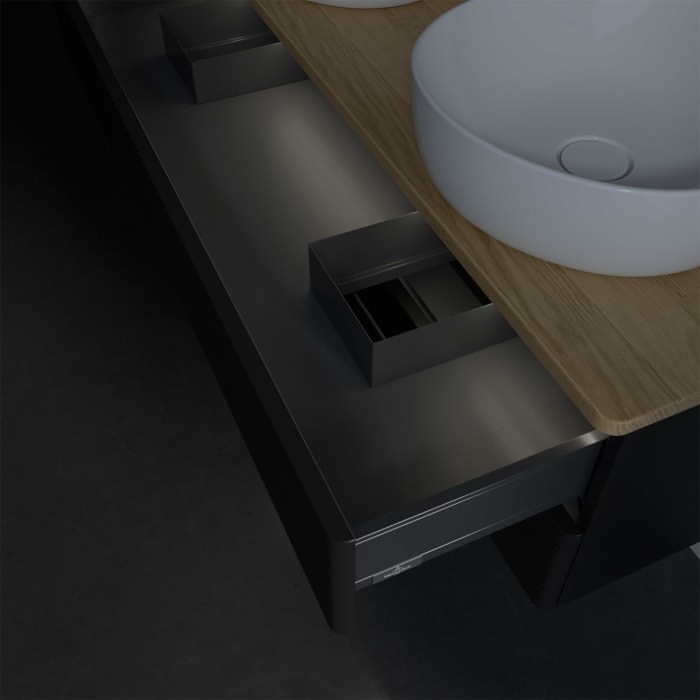 Villeroy & Boch Antao Waschbeckenunterschrank, 120 x 36 cm, 2 Auszüge mit LED-Licht, Front mit Struktur, mit Hahnloch, für Waschtisch links und rechts