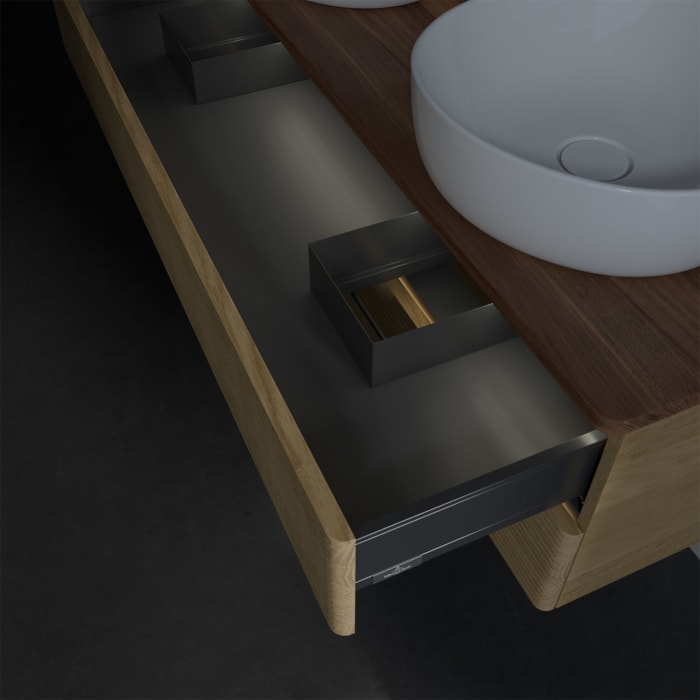 Villeroy & Boch Antao Waschbeckenunterschrank, 120 x 36 cm, 2 Auszüge mit LED-Licht, Front mit Struktur, mit Hahnloch, für Waschtisch links und rechts