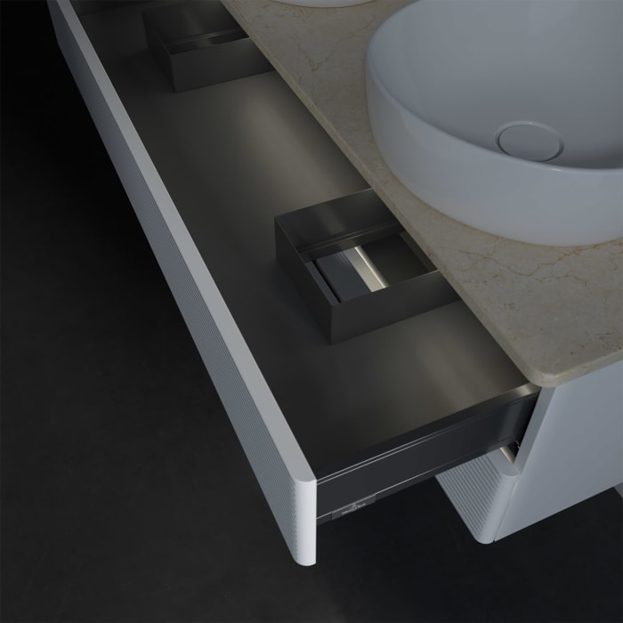 Villeroy & Boch Antao Waschbeckenunterschrank, 120 x 36 cm, 2 Auszüge mit LED-Licht, Front mit Struktur, mit Hahnloch, für Waschtisch links und rechts