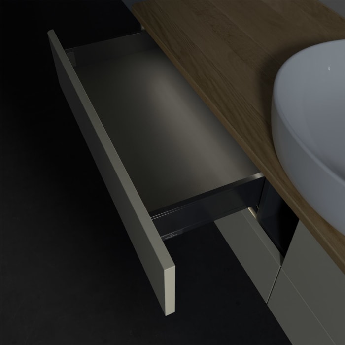 Villeroy & Boch Antao Waschbeckenunterschrank, 160 x 36 cm, 4 Auszüge mit LED-Licht, Front ohne Struktur, ohne Hahnloch, für Waschtisch mittig