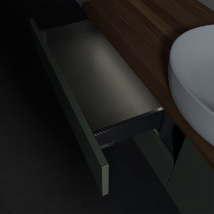 Villeroy & Boch Antao Waschbeckenunterschrank, 160 x 36 cm, 4 Auszüge mit LED-Licht, Front ohne Struktur, mit Hahnloch, für Waschtisch mittig