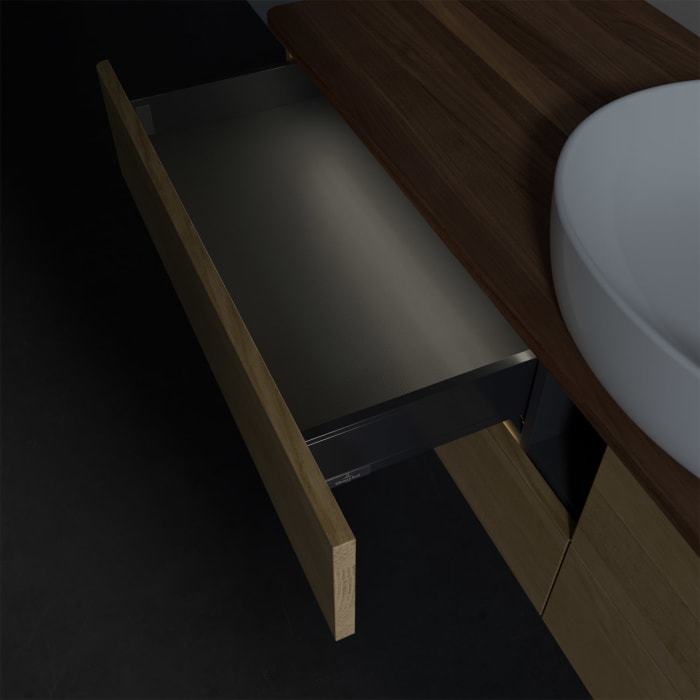 Villeroy & Boch Antao Waschbeckenunterschrank, 160 x 36 cm, 4 Auszüge mit LED-Licht, Front ohne Struktur, mit Hahnloch, für Waschtisch mittig