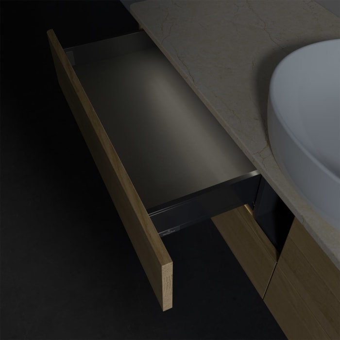 Villeroy & Boch Antao Waschbeckenunterschrank, 160 x 36 cm, 4 Auszüge mit LED-Licht, Front ohne Struktur, mit Hahnloch, für Waschtisch mittig