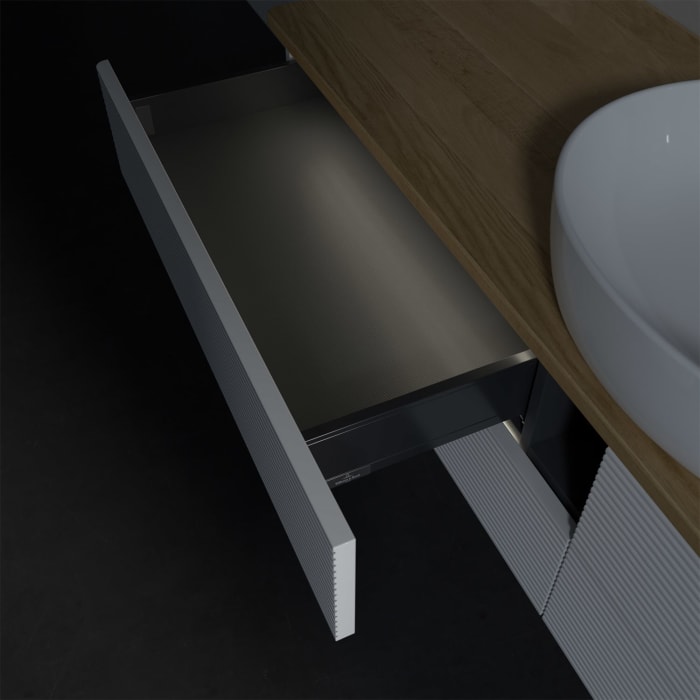 Villeroy & Boch Antao Waschbeckenunterschrank, 160 x 36 cm, 4 Auszüge mit LED-Licht, Front mit Struktur, ohne Hahnloch, für Waschtisch mittig