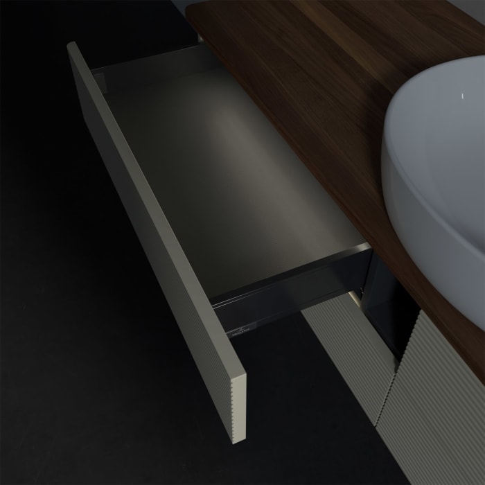 Villeroy & Boch Antao Waschbeckenunterschrank, 160 x 36 cm, 4 Auszüge mit LED-Licht, Front mit Struktur, ohne Hahnloch, für Waschtisch mittig