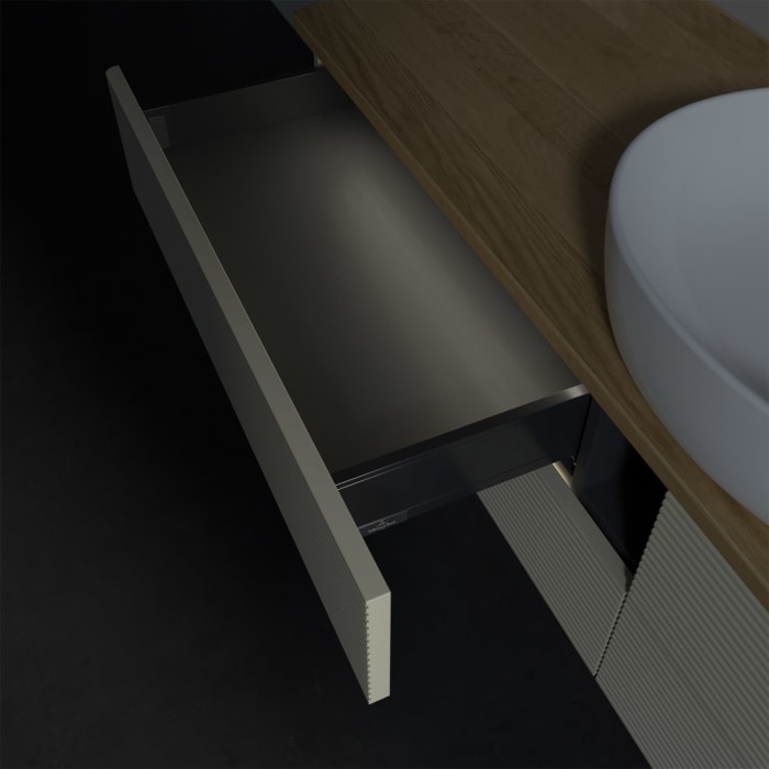 Villeroy & Boch Antao Waschbeckenunterschrank, 160 x 36 cm, 4 Auszüge mit LED-Licht, Front mit Struktur, mit Hahnloch, für Waschtisch mittig