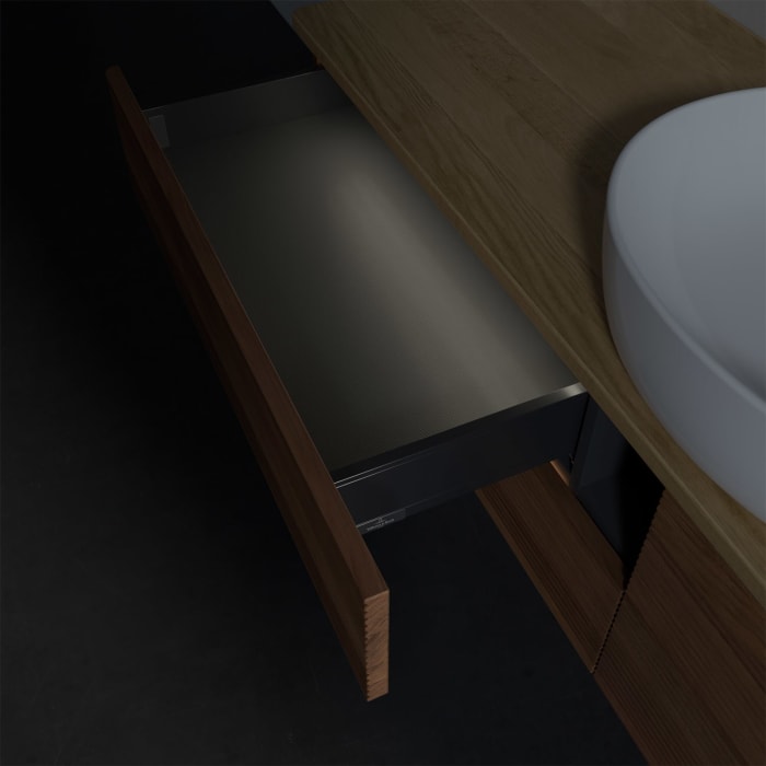 Villeroy & Boch Antao Waschbeckenunterschrank, 160 x 36 cm, 4 Auszüge mit LED-Licht, Front mit Struktur, mit Hahnloch, für Waschtisch mittig