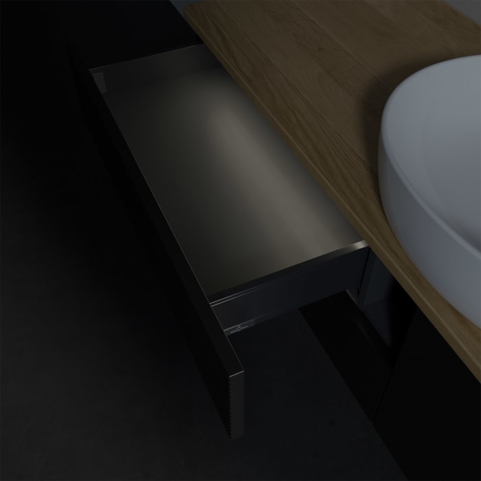 Villeroy & Boch Antao Waschbeckenunterschrank, 160 x 36 cm, 4 Auszüge mit LED-Licht, Front mit Struktur, mit Hahnloch, für Waschtisch mittig