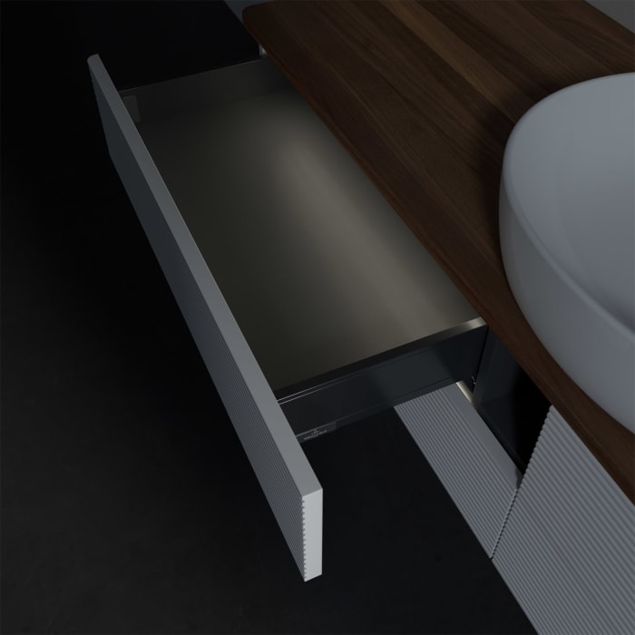 Villeroy & Boch Antao Waschbeckenunterschrank, 160 x 36 cm, 4 Auszüge mit LED-Licht, Front mit Struktur, mit Hahnloch, für Waschtisch mittig