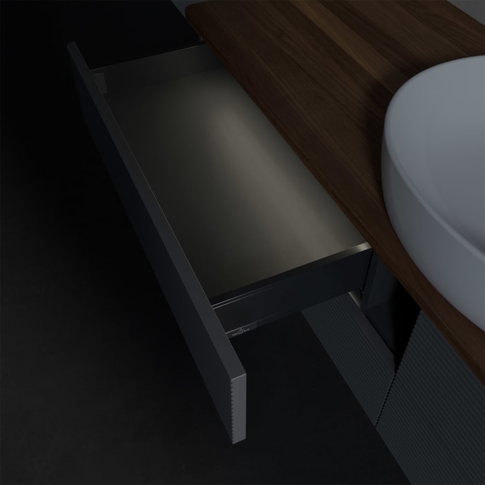 Villeroy & Boch Antao Waschbeckenunterschrank, 160 x 36 cm, 4 Auszüge mit LED-Licht, Front mit Struktur, mit Hahnloch, für Waschtisch mittig