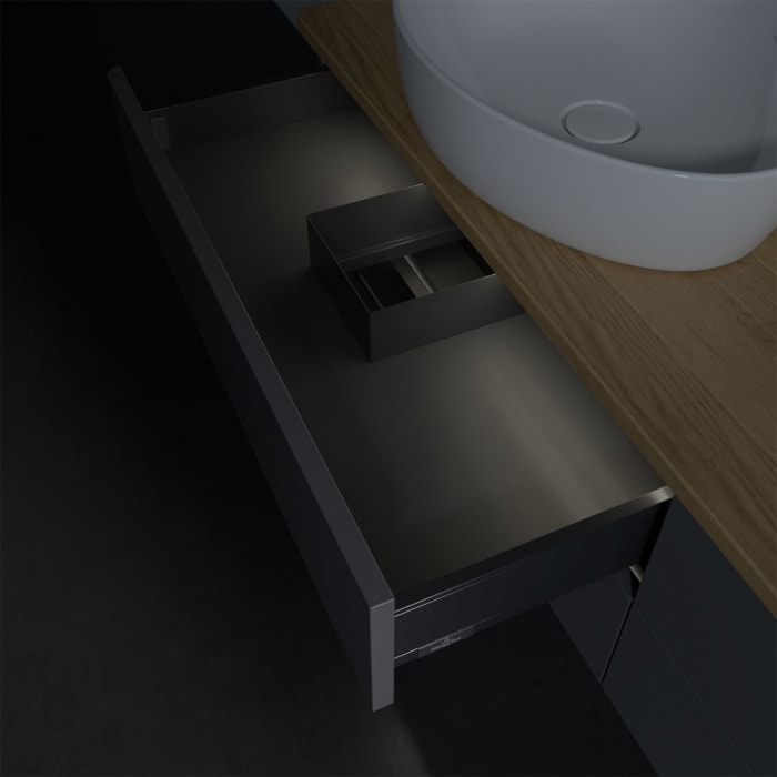 Villeroy & Boch Antao Waschbeckenunterschrank, 160 x 36 cm, 4 Auszüge mit LED-Licht, Front ohne Struktur, ohne Hahnloch, für Waschtisch links