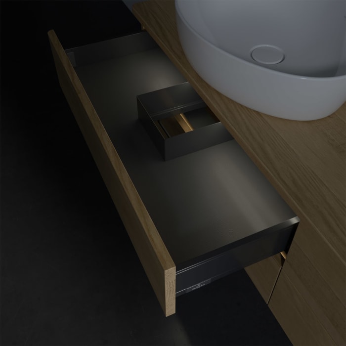 Villeroy & Boch Antao Waschbeckenunterschrank, 160 x 36 cm, 4 Auszüge mit LED-Licht, Front ohne Struktur, ohne Hahnloch, für Waschtisch links