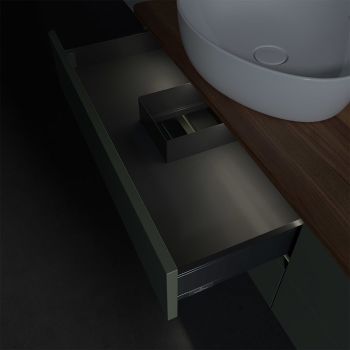 Villeroy & Boch Antao Waschbeckenunterschrank, 160 x 36 cm, 4 Auszüge mit LED-Licht, Front ohne Struktur, ohne Hahnloch, für Waschtisch links