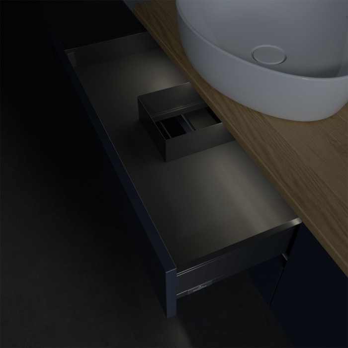 Villeroy & Boch Antao Waschbeckenunterschrank, 160 x 36 cm, 4 Auszüge mit LED-Licht, Front ohne Struktur, mit Hahnloch, für Waschtisch links