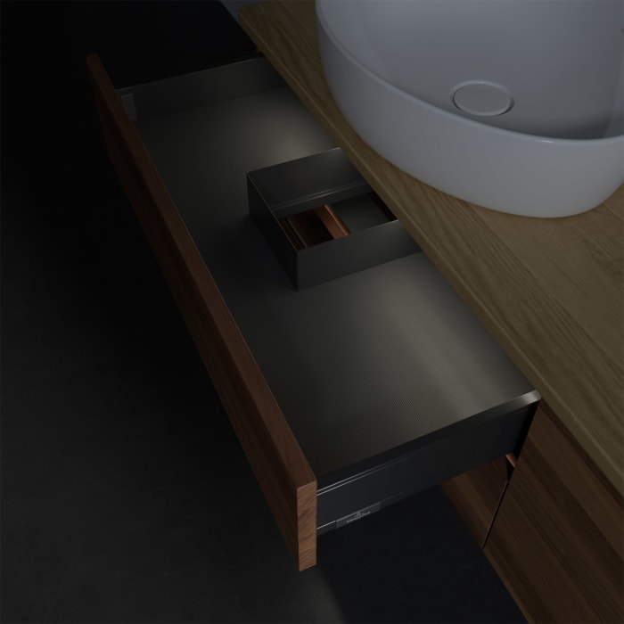 Villeroy & Boch Antao Waschbeckenunterschrank, 160 x 36 cm, 4 Auszüge mit LED-Licht, Front ohne Struktur, mit Hahnloch, für Waschtisch links