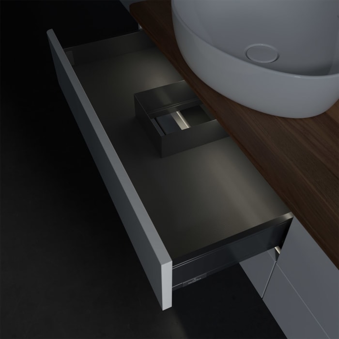 Villeroy & Boch Antao Waschbeckenunterschrank, 160 x 36 cm, 4 Auszüge mit LED-Licht, Front ohne Struktur, mit Hahnloch, für Waschtisch links