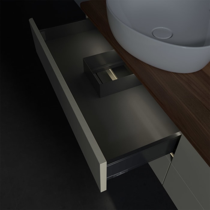 Villeroy & Boch Antao Waschbeckenunterschrank, 160 x 36 cm, 4 Auszüge mit LED-Licht, Front ohne Struktur, mit Hahnloch, für Waschtisch links