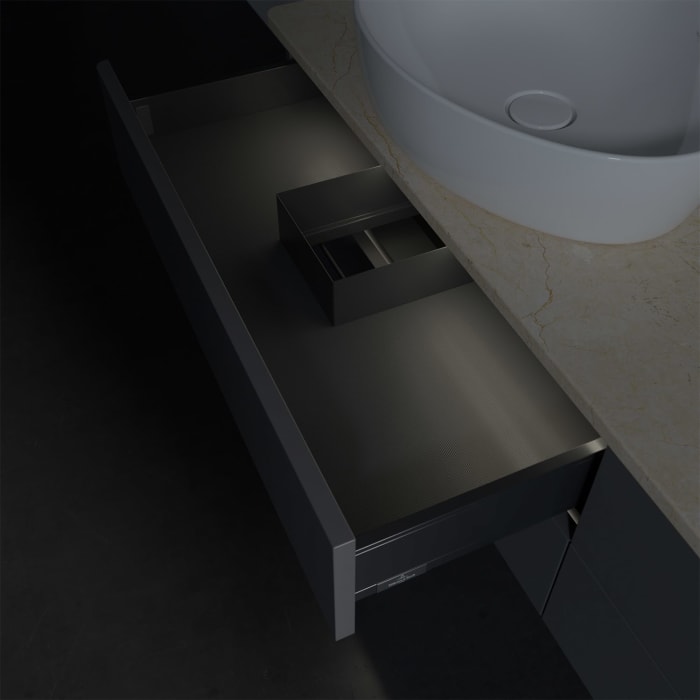 Villeroy & Boch Antao Waschbeckenunterschrank, 160 x 36 cm, 4 Auszüge mit LED-Licht, Front ohne Struktur, mit Hahnloch, für Waschtisch links