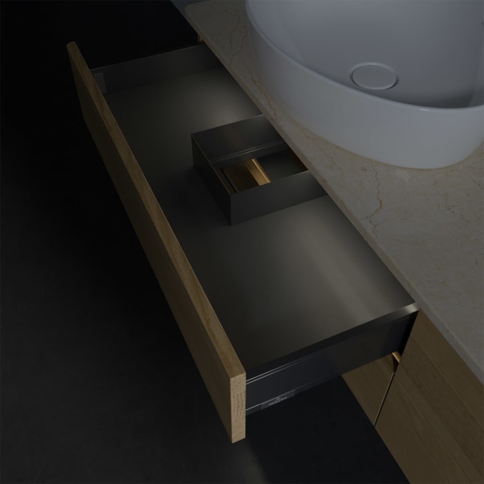 Villeroy & Boch Antao Waschbeckenunterschrank, 160 x 36 cm, 4 Auszüge mit LED-Licht, Front ohne Struktur, mit Hahnloch, für Waschtisch links