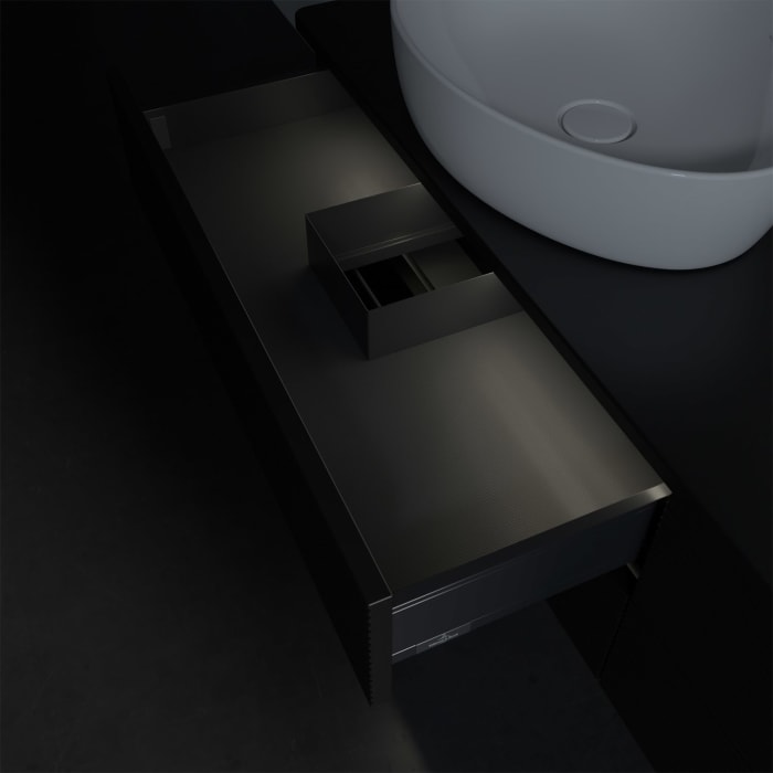 Villeroy & Boch Antao Waschbeckenunterschrank, 160 x 36 cm, 4 Auszüge mit LED-Licht, Front mit Struktur, ohne Hahnloch, für Waschtisch links