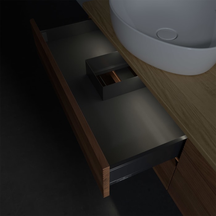 Villeroy & Boch Antao Waschbeckenunterschrank, 160 x 36 cm, 4 Auszüge mit LED-Licht, Front mit Struktur, ohne Hahnloch, für Waschtisch links